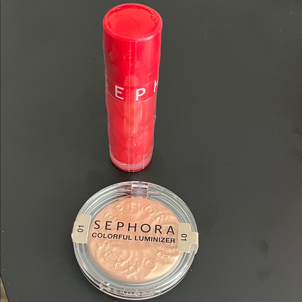 Sephora Colorful Luminizer in Radiant Gold & Lip Plumper in Flame.
